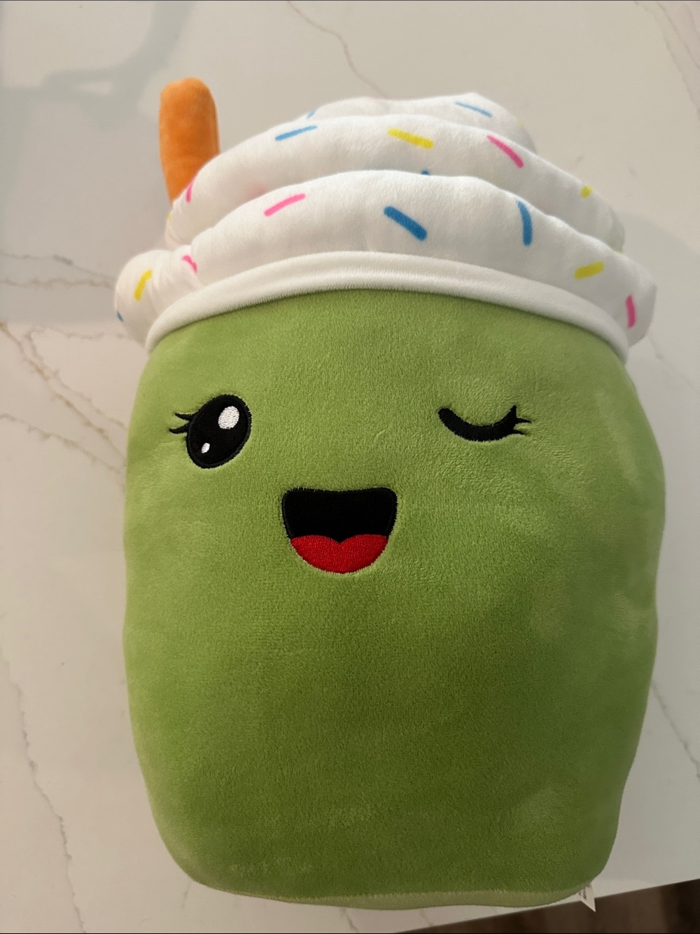 New tags on Green Plush Cup Kids Accessory with Whipped-Top Sprinkles